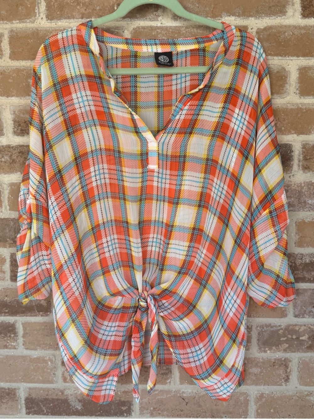 bobeau Orange Plaid Tie-Front Blouse